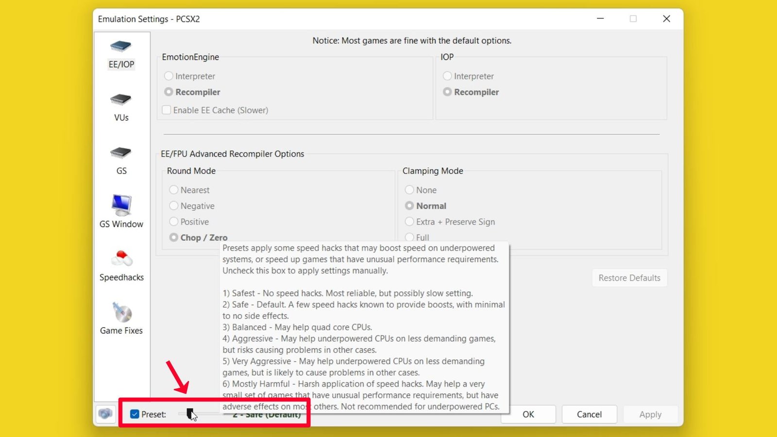 Step 28 Use Preset Safe Default option.