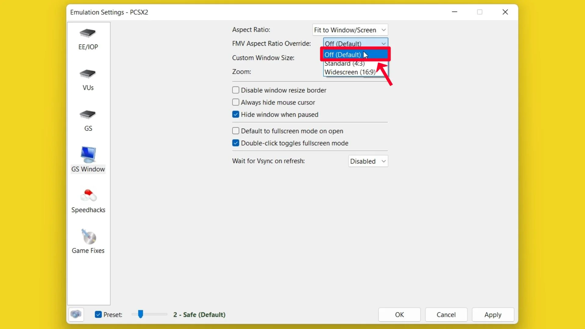 Step 31 Select FMV Aspect Ratio Override Off Default option.